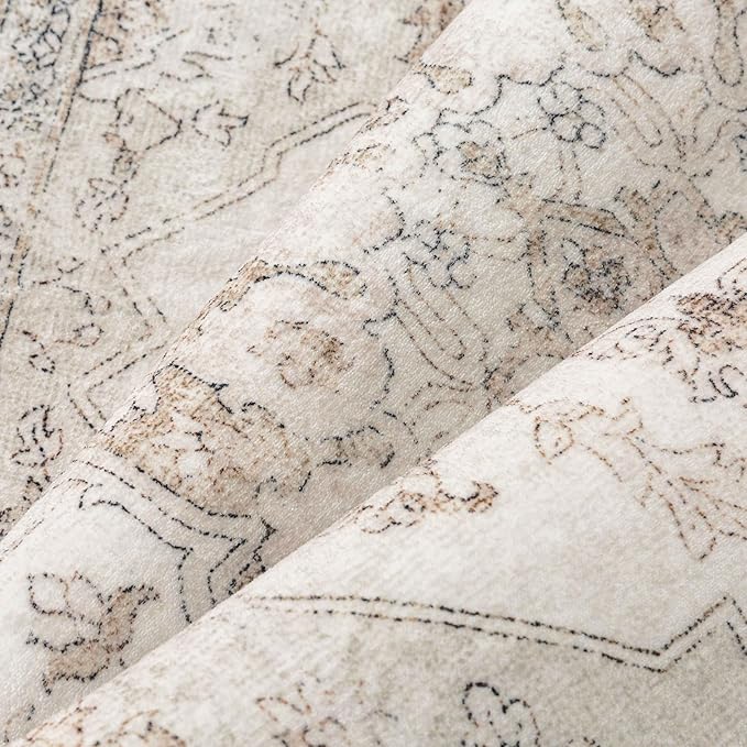 Beige Area Rug 7x10 Washable Living Room Carpet Vintage Non Slip Soft Bedroom Indoor Office Retro Low Pile Thin Oriental Medallion Large Rug for Dining Room Bathroom Playroom