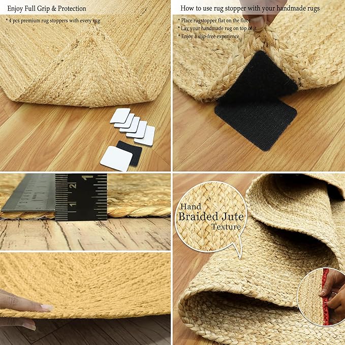 Oval Runner 2.6x18 Kilim Jute Runner Natural Oval Thick 0.27" Solid Design Beige White Hand Braided Jute Flatweave Mat Handmade Boho Indoor Outdoor Rugs for Hallway Enterway Staircases Corridor