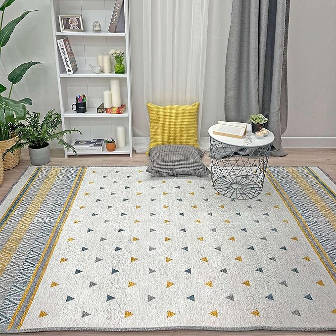 Alfa Rich 5x8 Gold Gray Off White Washable Area Rugs for Living Room Bedroom Kitchen Decor Cotton