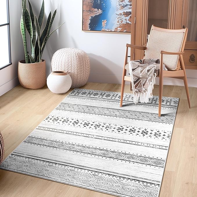 BESTSWEETIE 3x5 Area Rugs for Living Room Washable Moroccan Farmhouse Neutral Geometric Low Pile Non-Slip Soft Print Pattern Rug for Bedroom Kitchen Dining Room Entryway Grey/Black/Navy