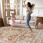 9x12 Area Rug Living Room: Machine Washable Boho Large Vintage Soft Rugs Stain Resistant Farmhouse Oriental Non Slip Indoor Floor Carpet for Bedroom Nursery Kids Playroom Office Dining Room- Red Brown