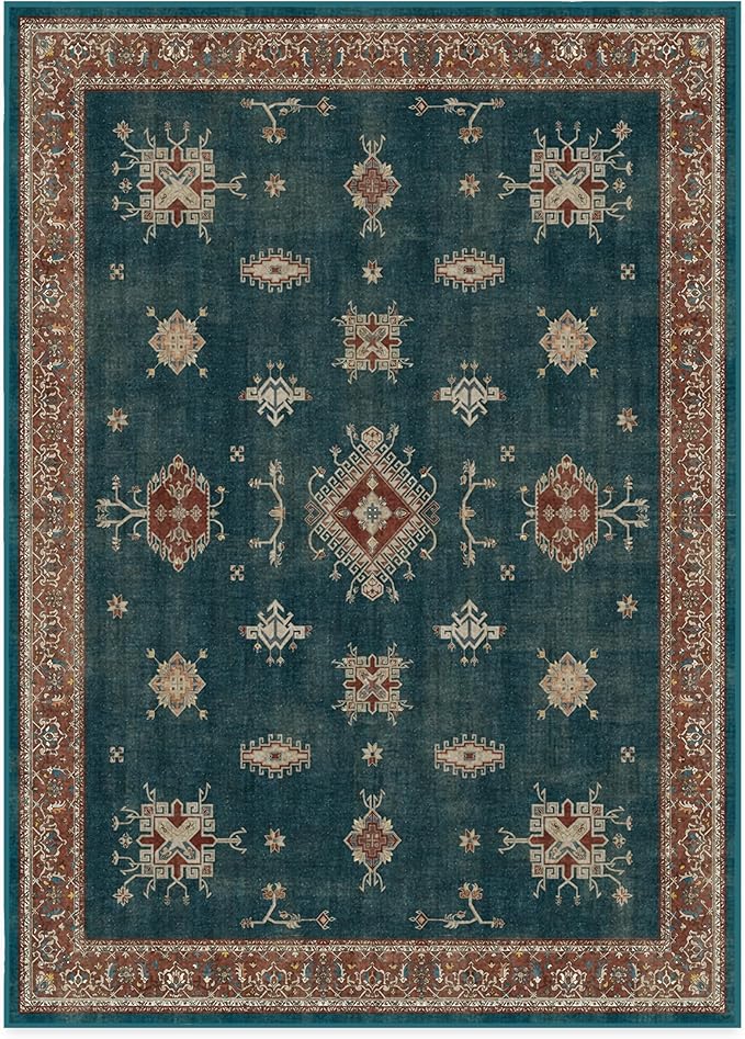 RUGGABLE Washable Vintage Area Rug – Verena Teal Blue 10x14, Stain-Resistant, Non-Slip – Large Machine Washable Rugs for Living Room, Bedroom, Hallway, Entryway & Office–with Cushioned Pad