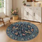 DUKINO 4ft Round Rug, Washable Round Area Rug, Non Slip Indoor Low Pile Animal Design, Soft Small Vintage Circle Carpet for Bedroom, Entryway, Living Room, Dining Room, Navy Blue