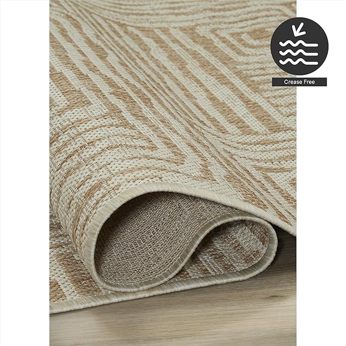 FH Home Flat Woven Outdoor Rug - Waterproof, Easy to Clean, Stain Resistant - Premium Polypropylene Yarn - Modern Geometric - Patio, Porch, Deck, Balcony - Budapest - Beige - 5ft 2in x 7ft 6in