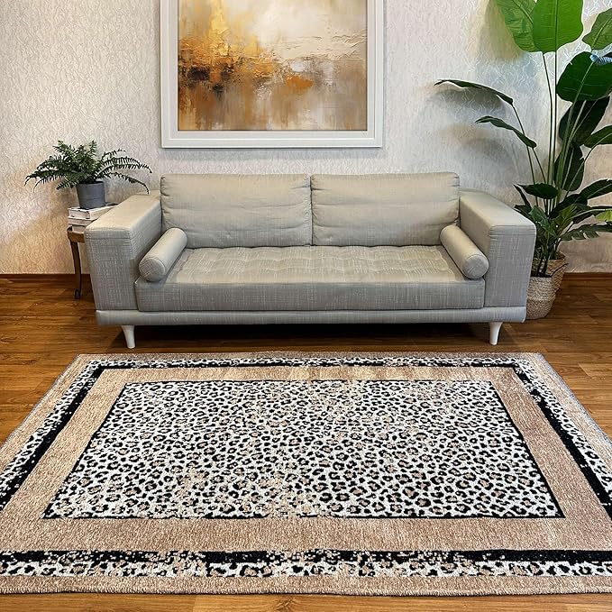Alfa Rich 4x6 Leopard Beige Black Washable Area Rugs for Living Room Bedroom Reversible Cotton Rug