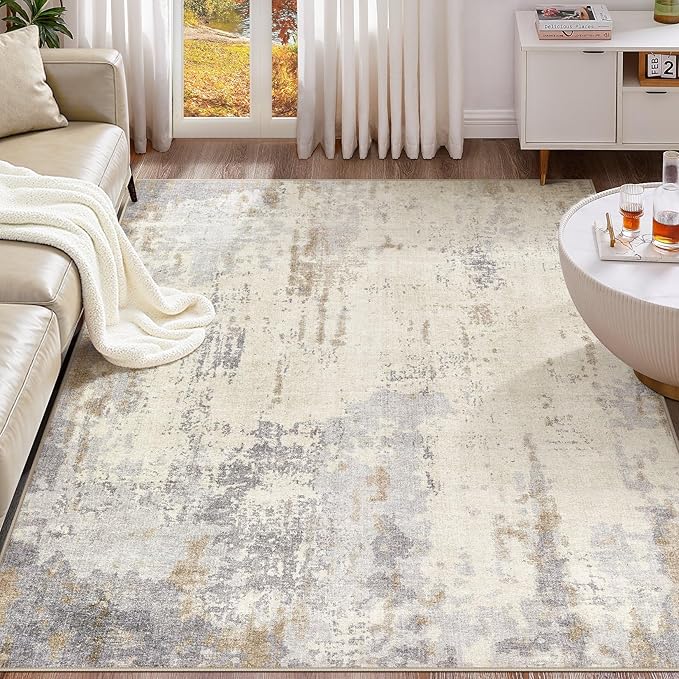 9x12 Area Rug Living Room Rugs - Washable Neutral Modern Abstract Soft Thin Rug Indoor Floor No Slip Rug Carpet for Bedroom Under Dining Table Home Office Decor - Light Brown/Gray