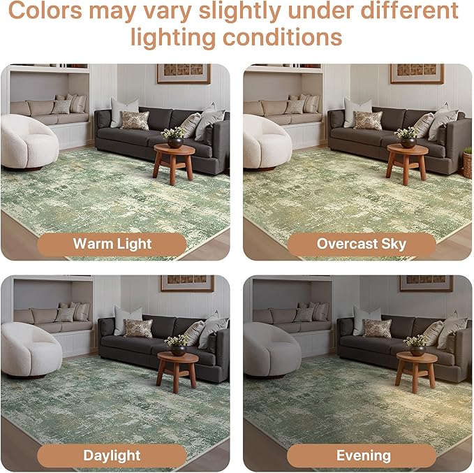 GENIMO 6x9 Area Rugs for Living Room, Machine Washable Rug Non Slip, Low Pile Ultra-Thin Lightweight Large Carpet, Abstract Modern Rugs for Bedroom, Dining Room, Office, Nursery, Olive Green