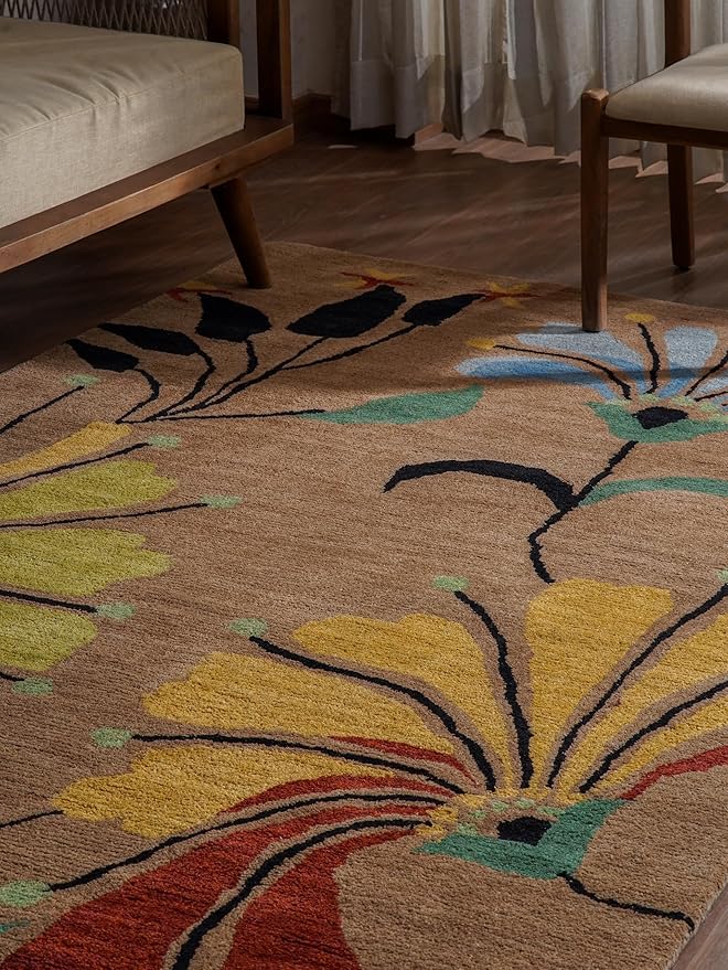 Rugsotic Carpets Hand Tufted Wool ECO-Friendly Area Rugs - 6'x9', Rectangle Shape, Camel, Floral Modern Design, High Pile Thick Handmade Anti Skid Area Rugs for Living Room, Bed Room (K00219)
