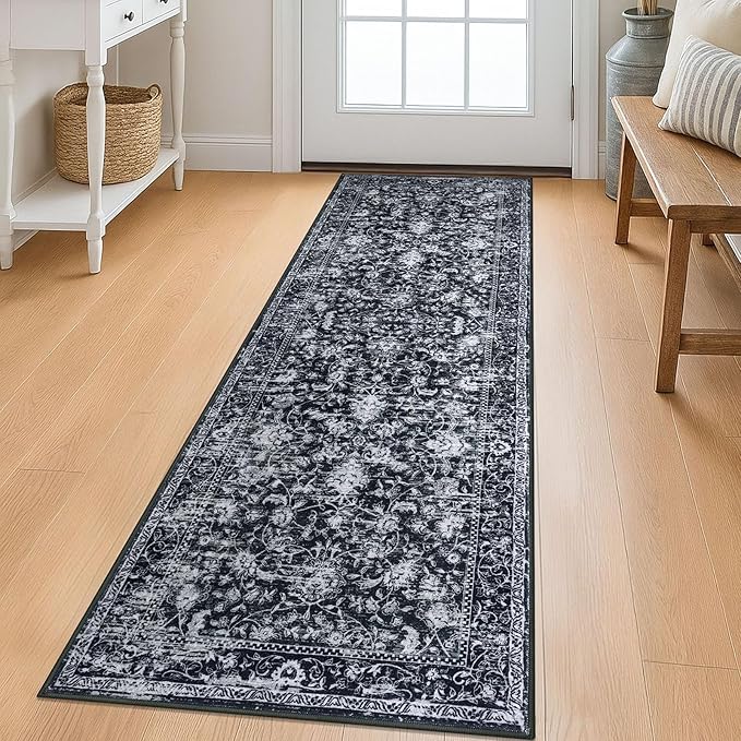 KILOCOCO Washable Runner 2x6 Rug Runner Printed Vintage Floral Kitchen Runners Non-Slip Rubber Backed Runners for Hallways Distressed Thin Soft Rugs for Entryway Laundry Room, Black/Navy/White