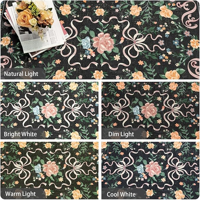Black Rug Bow Floral Rug for Girls, 5x7 Washable Area Rugs for Bedroom Living Room, Kitchen,Dining Room,Kids Room,Playroom, Cute Ultra-Thin Non Slip Low Pile Indoor Carpet