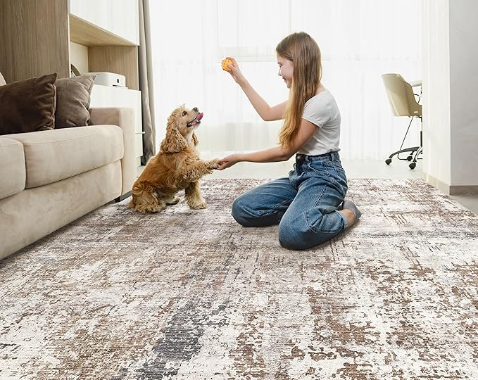 Area Rug Living Room Rugs - Washable Neutral Modern Abstract Soft Thin Rug Indoor Floor No Slip Rug Carpet for Bedroom Under Dining Table Home Office Decor - Brown/Grey/Red - 5x7