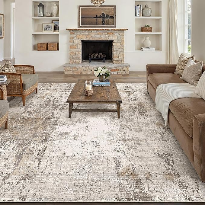 8x10 Washable Area Rug Brown Grey Abstract Living Room Bedroom Carpet Neutral Modern Non Slip Soft Low Pile Indoor Large Throw Rug for Dining Room Office