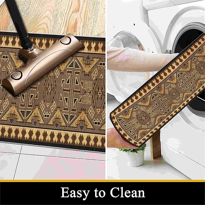 Brown Geometric Runner Rug, 3x8ft Hallway Runner Washable Rug, Corridor & Foyer High-Traffic Rugs, Indoor Durable Non-Slip Mat, Vintage Southwestern Decorative Home Carpet