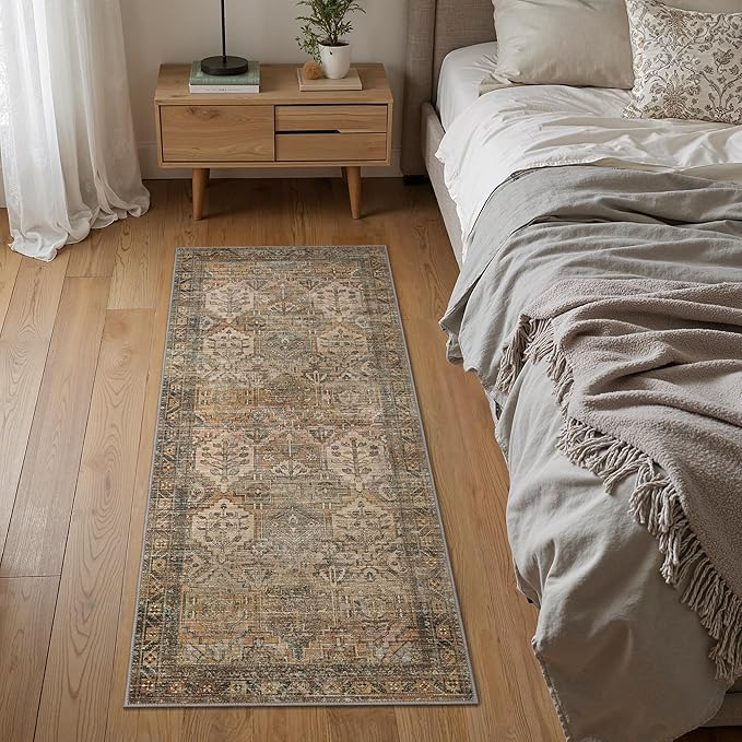 Bavni Kitchen Rug 2x5 Runner Rugs for Hallways Entryway, Washable Vintage Print Carpet, Ultra-Thin Chenille Low Pile Lightweight Rug with Non Slip Backing, Warm Taupe