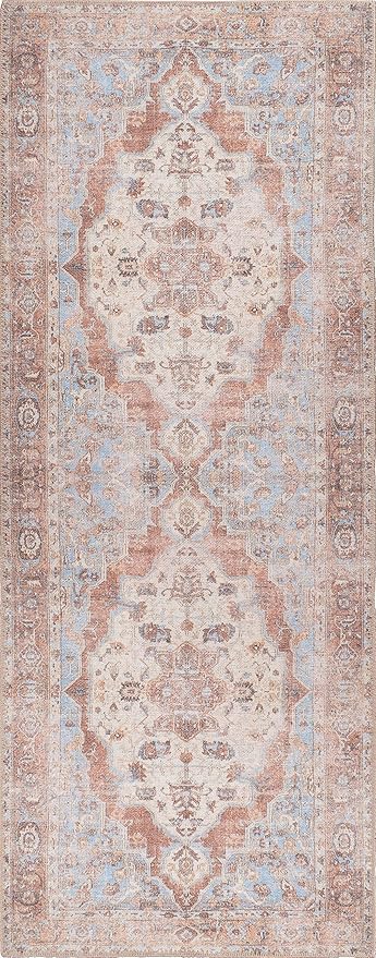 GLN Rugs Traditional Collection - Machine Washable Area Rug, Traditional Washable, Non Slip, Low Pile Chenille Rug, Living Room, Bedroom, Kitchen Rug (2'6" x 7' Brown/Blue)
