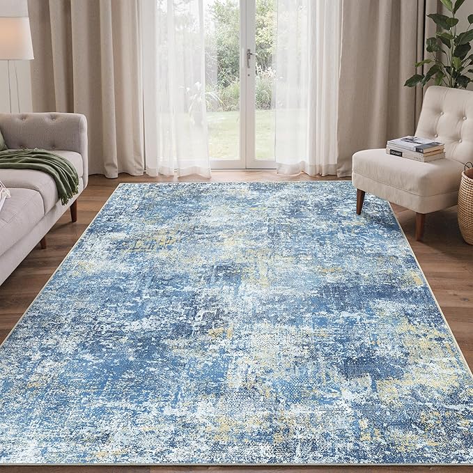 Bavni 8x10 Area Rugs Machine Washable Rug for Living Room, Modern Printed Rug Indoor Soft Area Rug for Bedroom Dining Room, Ultra-Thin Low Pile Carpet with Non Slip Rubber Backing, Denim Blue