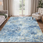 Bavni 8x10 Area Rugs Machine Washable Rug for Living Room, Modern Printed Rug Indoor Soft Area Rug for Bedroom Dining Room, Ultra-Thin Low Pile Carpet with Non Slip Rubber Backing, Denim Blue