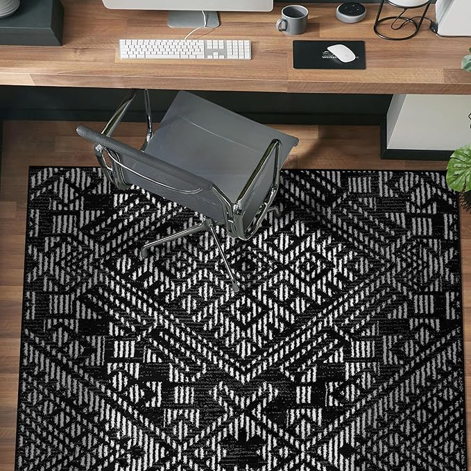 Rugshop Boho Black Tribal Area Rug Modern Indoor Carpet for Living Room, Bedroom, or Entryway – Non-Shedding, Low Pile Geometric Design 4' x 6'