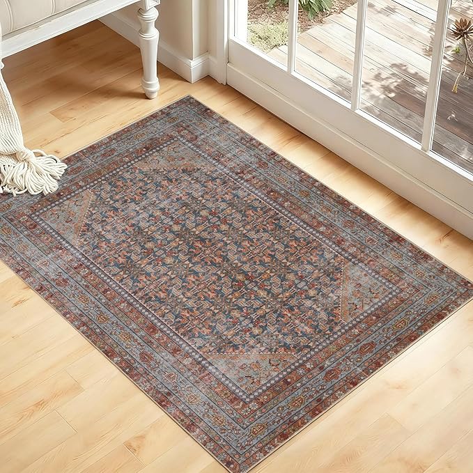 Kuden 3x5 Small Rug, Machine Washable, Non-Slip Backing, Vintage Style, Soft, Low Pile, Area Rugs for Entryway Kitchen Indoor Entrance