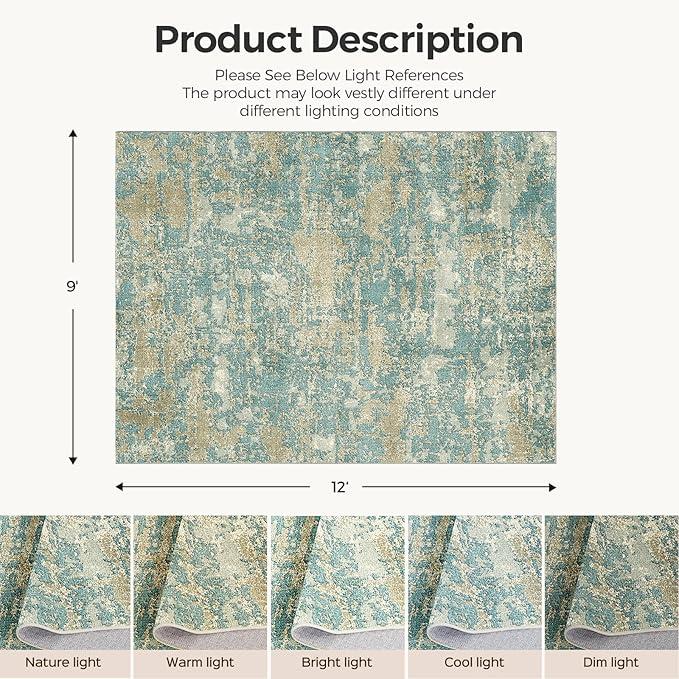 WITSHOCK Living Room Area Rugs 9x12：Modern Abstract Machine Washable Large Rug for Bedroom Dining Room Non-Slip Stain Resistant Home Office Decor,Teal Brown