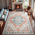 YJ.GWL Area Rugs for Living Room 9x12 Machine Washable Rugs, Non Slip Floral Vintage Rug Indoor Carpet, Stain Resistant Large Rug for Bedroom Dining Room, Copper Tan