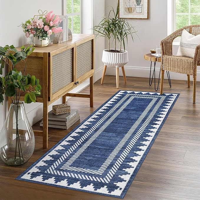 Geometric Bordered 2x6 Washable Runner Rug for Hallway Kitchen Foldable Non Slip Indoor Soft Carpet Modern Stain Resistant Non-Shedding Low Pile Rug for Dining Room Living Room with Rubber Back, Blue