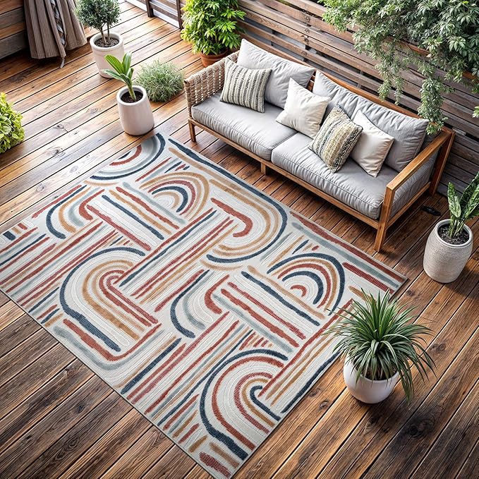 CAMILSON Indoor Outdoor Rug, Multicolor 5x7 Geometric Arch Striped Area Rugs for Patio and Home Areas, Easy-Cleaning Non-Shedding Living Room, Garden and Deck Washable Outside Carpet (5 x 7)