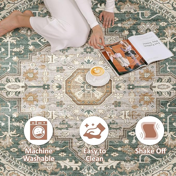 Round Rug Living Room Rugs: 6x6 Washable Boho Neutral Large Circle Soft Indoor Distressed Stain Resistant Floor Farmhouse Carpet for Bedroom Nursery Kids Playroom Office Dining Room Dorm- Green
