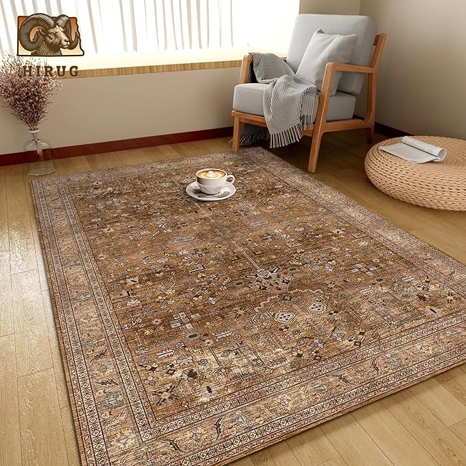 Washable Area Rug 5' x 7' Vintage Traditional Persian Mat - Foldable Distressed Non-Slip Machine Washable Carpet for Living Room Bedroom Kitchen Home Decor - Bronze and Ivory