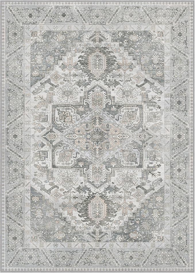 5x7 Area Rug Machine Washable Boho Rug for Living Room,Ultra-Thin Low Pile Carpet,Lightweight Indoor Printed Rug,Non Slip Floral Area Rug for Bedroom, Dining Room, Home Office,Grey Cyan