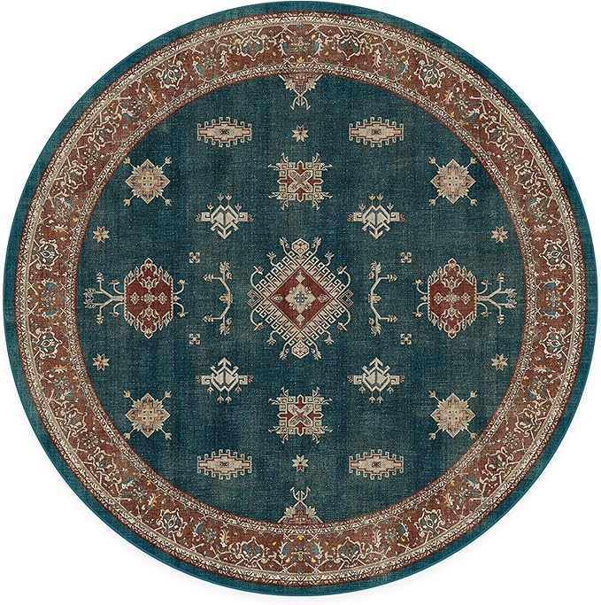 RUGGABLE Washable Vintage Area Rug – Verena Teal Blue 6 ft Round, Stain-Resistant, Non-Slip – Medium Machine Washable Rugs for Living Room, Bedroom, Hallway, Entryway & Office–with Standard Pad