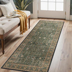 Bavni 2'6''x7 Rug Runners for Hallways, Washable Runner Rug Non Slip, Vintage Floral Print Style Rugs for Bedroom-Lightweight Low Pile Carpet for Hallways Bathroom, Dark Green/Multi