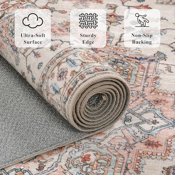 5x7 Area Rugs for Living Room Ultra-Soft Washable Rug Vintage Distressed Boho Area Rug, Non-Slip Retro Print Low Pile Stain Resistant Carpet for Bedroom Dining Room Kitchen Office
