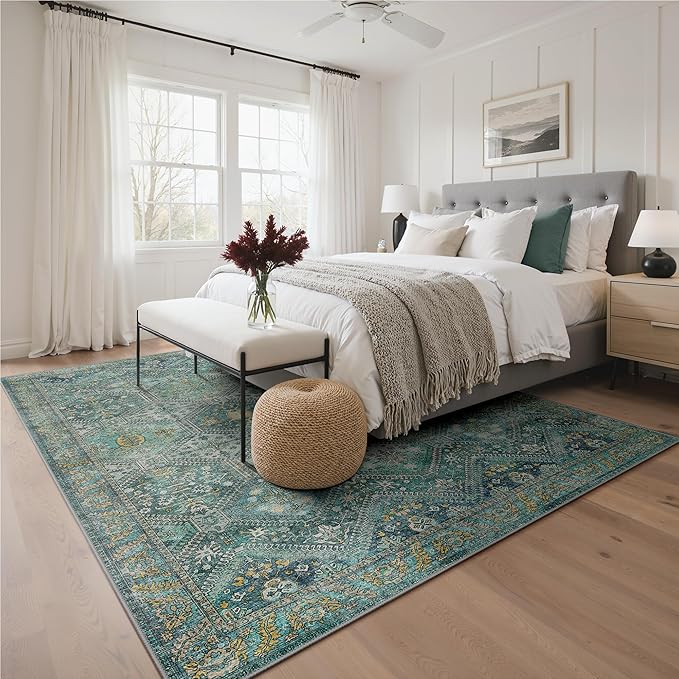 Bavni 8x10 Area Rugs for Living Room, Machine Washable Rug Non Slip, Vintage Chenille Distressed Print Carpet, Large Low Pile Ultra-Thin Lightweight Rugs for Bedroom, Dining Room, Home, Office, Cyan