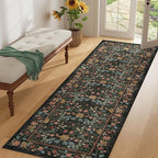 DUKINO 2.6x8 Runner Rug for Hallway, Washable Vintage Floral Kitchen Rug with Non Slip Backing, Soft Low Pile Throw Carpet Runner for Kitchen, Laundry, Hallway, Bathroom, Black