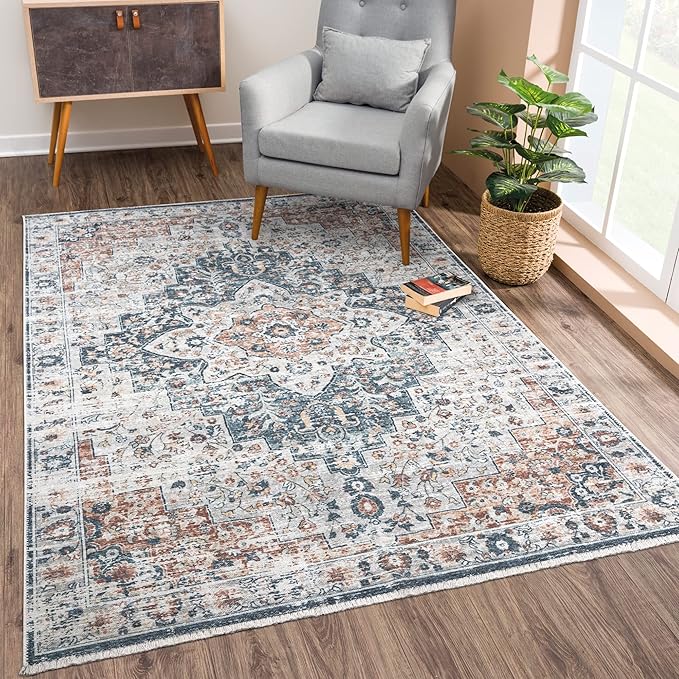 Bloom Rugs Caria Washable Non-Slip 5x7 Rug - Terracotta/Teal Traditional Area Rug for Living Room, Bedroom, Dining Room, and Kitchen - Exact Size: 5' x 7'
