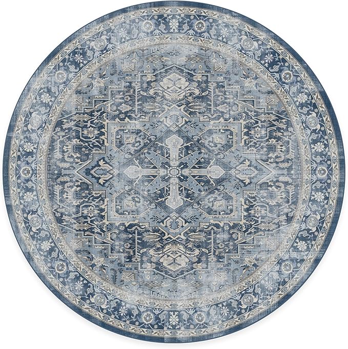 RUGGABLE Washable Vintage Area Rug – Kamran Admiral Blue 8 ft Round, Stain-Resistant, Non-Slip – Large Machine Washable Rugs for Living Room, Bedroom, Hallway, Entryway & Office–with Standard Pad