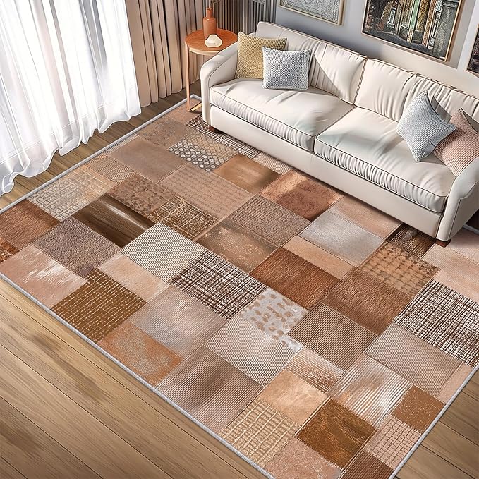 Patchwork Rug, Washable 3x4 Rug for Living Room, Geometric Brown Patterned Indoor Carpet, Patchwork Decor for Home, Bedroom, Soft Non Slip Thin Design FER3