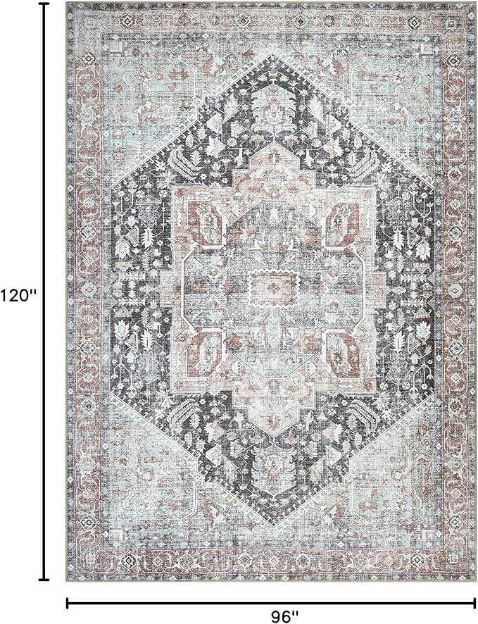 Bloom Rugs Washable Non-Slip 8' x 10' Rug - Charcoal/Brown Traditional Medallion Area Rug for Living Room, Bedroom, Dining Room, and Kitchen - Exact Size: 8' x 10'