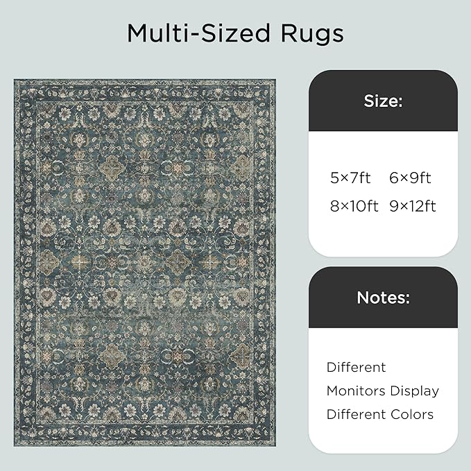 6x9 Rugs for Living Room, Soft Large Area Rugs Blue Washable Rug, Indoor Vintage Rugs for Bedroom Home Office Laundry, Rubber Backed Non Slip Low Pile Carpet, Deep Blue