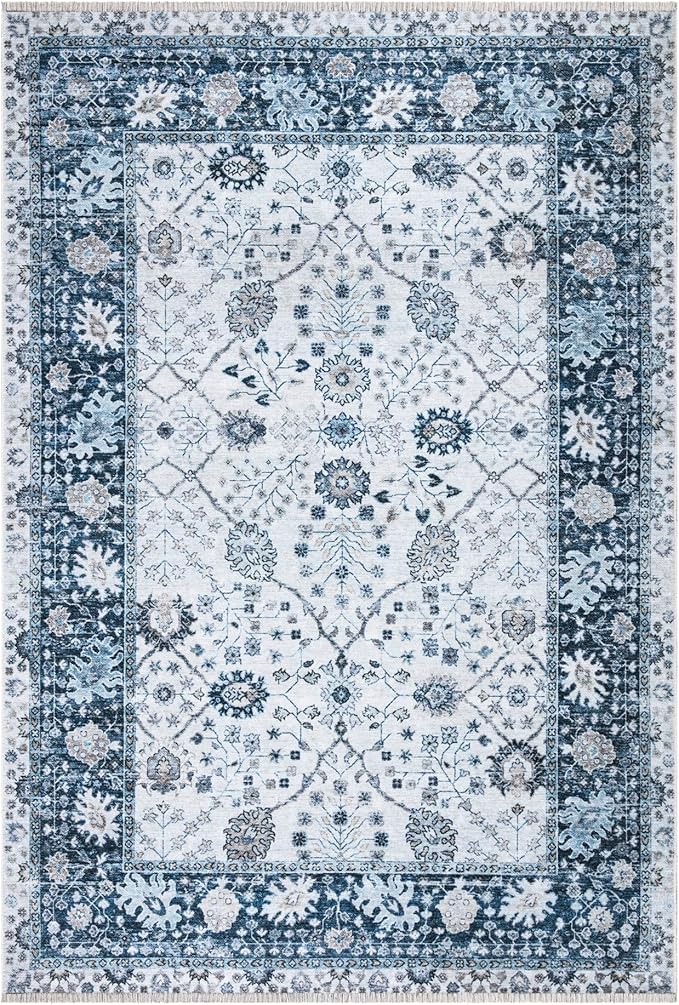 Bloom Rugs Caria Washable Non-Slip 8x10 Rug - Navy Blue Traditional Bordered Area Rug for Living Room, Bedroom, Dining Room, and Kitchen - Exact Size: 7'8" x 10'