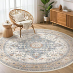Round Rug Living Room Rugs: 6Ft Washable Boho Neutral Large Circle Soft Indoor Distressed Stain Resistant Floor Farmhouse Carpet for Bedroom Nursery Kids Playroom Office Dining Room Dorm- Beige Blue