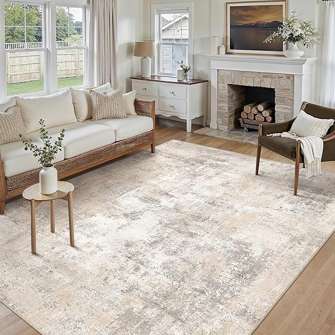 6x9 Washable Area Rug Beige Grey Abstract Living Room Bedroom Throw Rug Neutral Modern Non Slip Soft Medium Pile Indoor Carpet for Dining Room Office Entryway