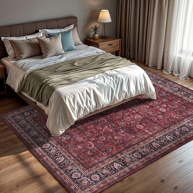 GLN Rugs Traditional Collection - Machine Washable Area Rug, Traditional Washable, Non Slip, Low Pile Chenille Rug, Living Room, Bedroom, Kitchen Rug (8' x 10' Dark Red)