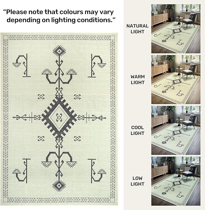 GLN Rugs Contemporary Collection - Machine Washable Area Rug, Contemporary Washable, Non Slip, Low Pile Chenille Rug, Living Room, Bedroom, Kitchen Rug (2'6" x 7' Cream/Anthracite)