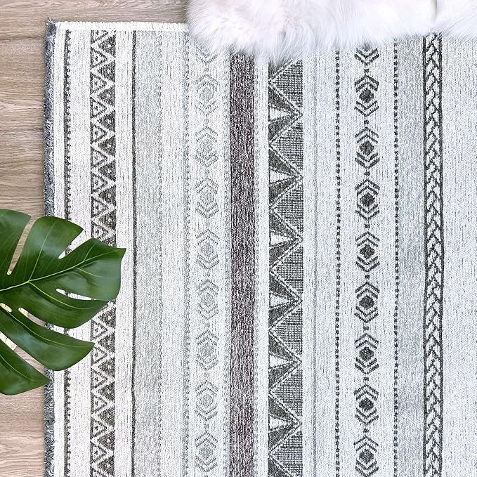 Alfa Rich 7x10 Gray Off White Washable Area Rugs for Living Room Bedroom Kitchen Decor Cotton Rug