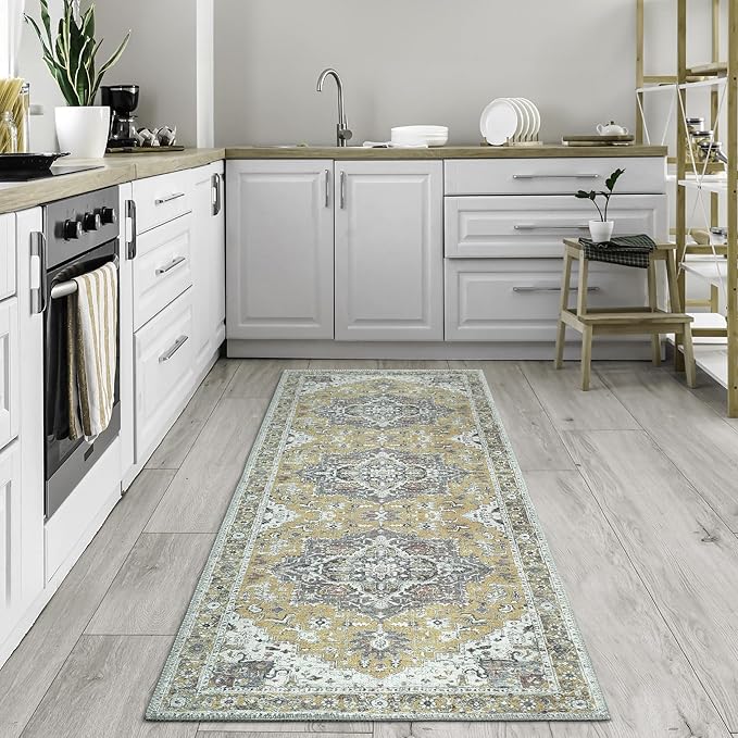 Bloom Rugs Washable Non-Slip 12 ft Runner - Yellow Traditional Medallion Runner for Entryway, Hallway, Bathroom, and Kitchen - Exact Size: 2.5' x 12'