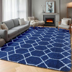 ONASAR Geometric Area Rugs 5x8 for Living Room, Fluffy Moroccan Navy and White Rug for Boys Bedroom Home Decor Aesthetic, Soft Shaggy Plush Floor Carpet for Kids Girls Teen Nursery Playroom Office
