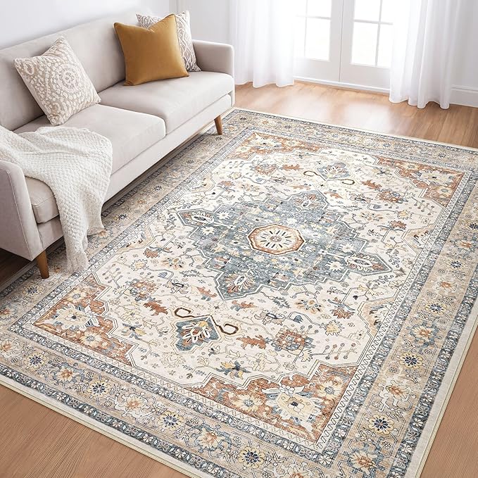 5x8 Area Rug Living Room: Washable Boho Large Neutral Vintage Soft Rugs Stain Resistant Distressed Farmhouse Non-Slip Indoor Floor Carpet for Bedroom Nursery Kids Office Dining Room- Beige Blue