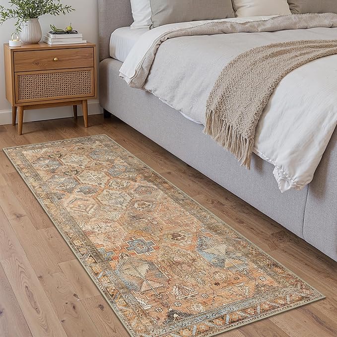 Bavni Runner Rugs 2x5 Kitchen Rug for Hallways Entryway, Washable Vintage Print Carpet, Ultra-Thin Low Pile Lightweight Rug with Non Slip Backing, Sunset Yellow